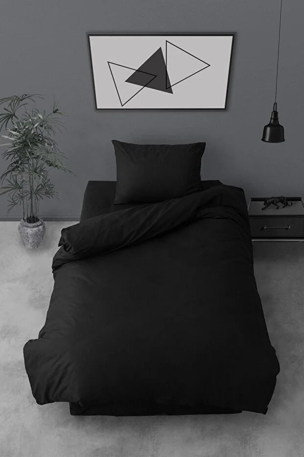 Ranforce Single Fitted Sheet Duvet Cover Set Simple Black