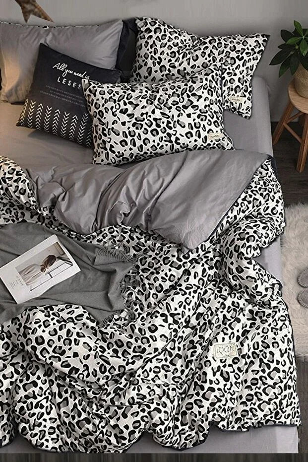 Elastic Bed Sheet Duvet Cover Set Single Leopard Pure Black White