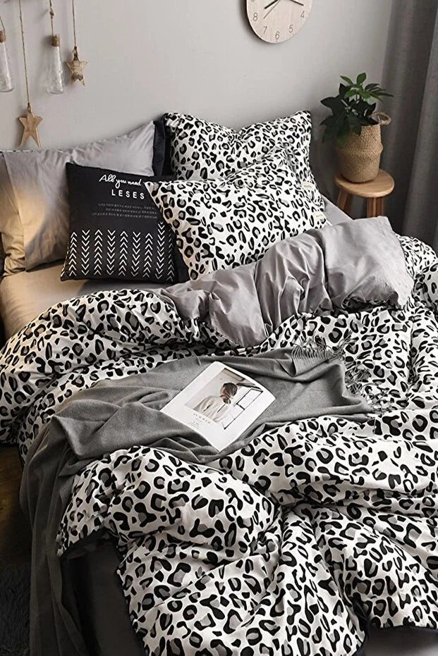 Elastic Bed Sheet Duvet Cover Set Single Leopard Pure Black White