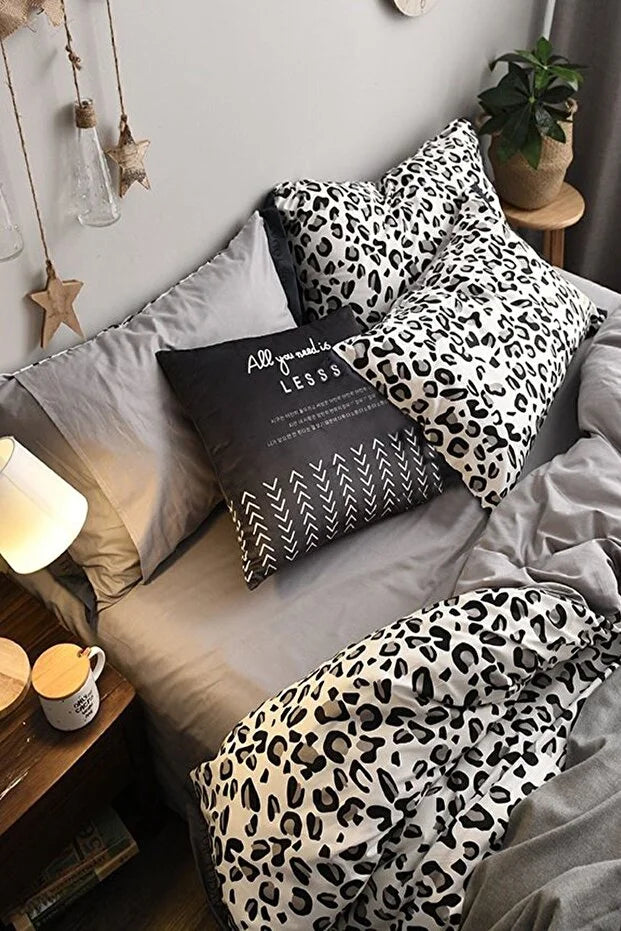 Elastic Bed Sheet Duvet Cover Set Single Leopard Pure Black White