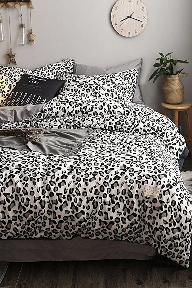 Elastic Bed Sheet Duvet Cover Set Single Leopard Pure Black White