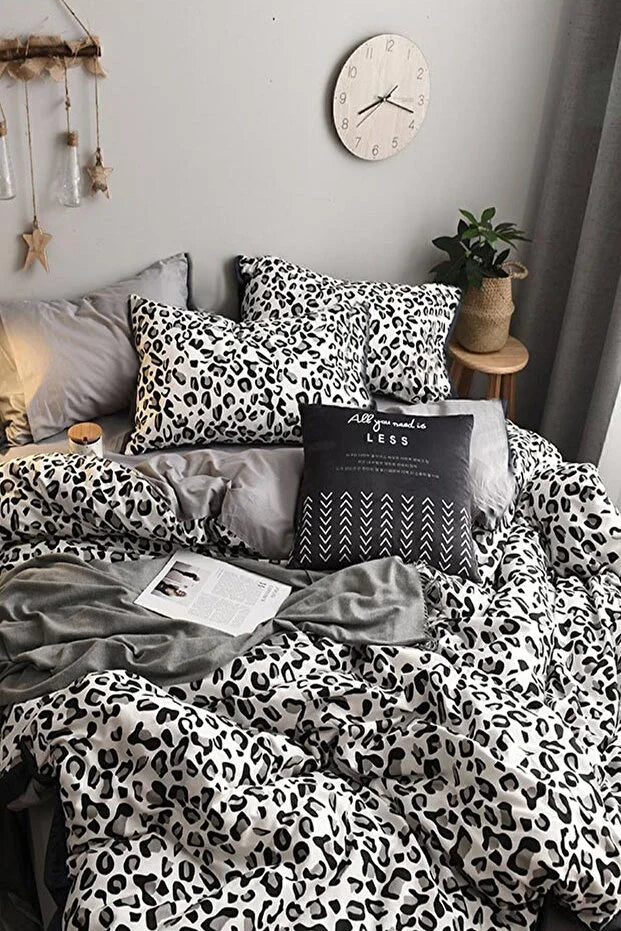 Elastic Bed Sheet Duvet Cover Set Single Leopard Pure Black White