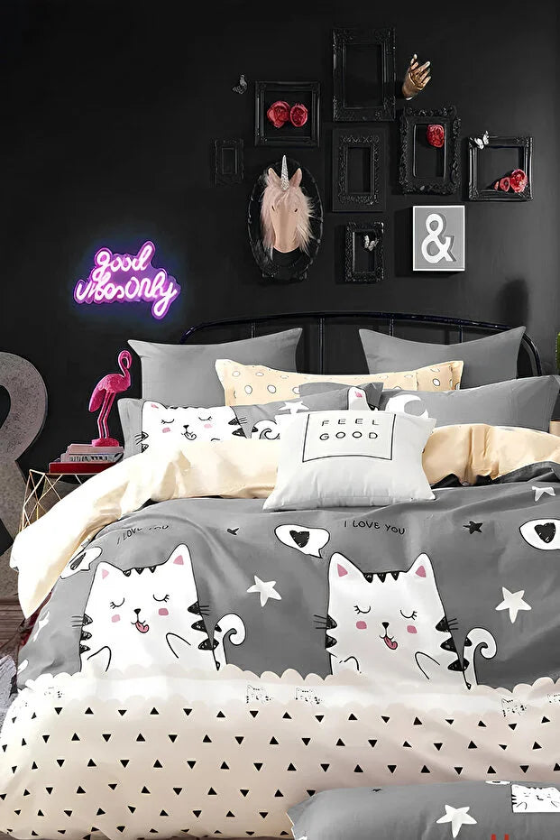 Elastic Bed Sheet Duvet Cover Set Single Cute Cats Gray