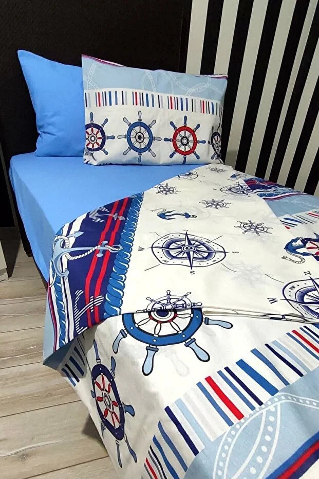 Single Duvet Cover Set with Elastic Sheet Sailor Blue Anchor Child