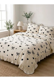 Moon secret textile Ruffled Heart & Bow Patterned Duvet Cover Set – 100% Cotton, Stylish and Romantic Bedroom Set