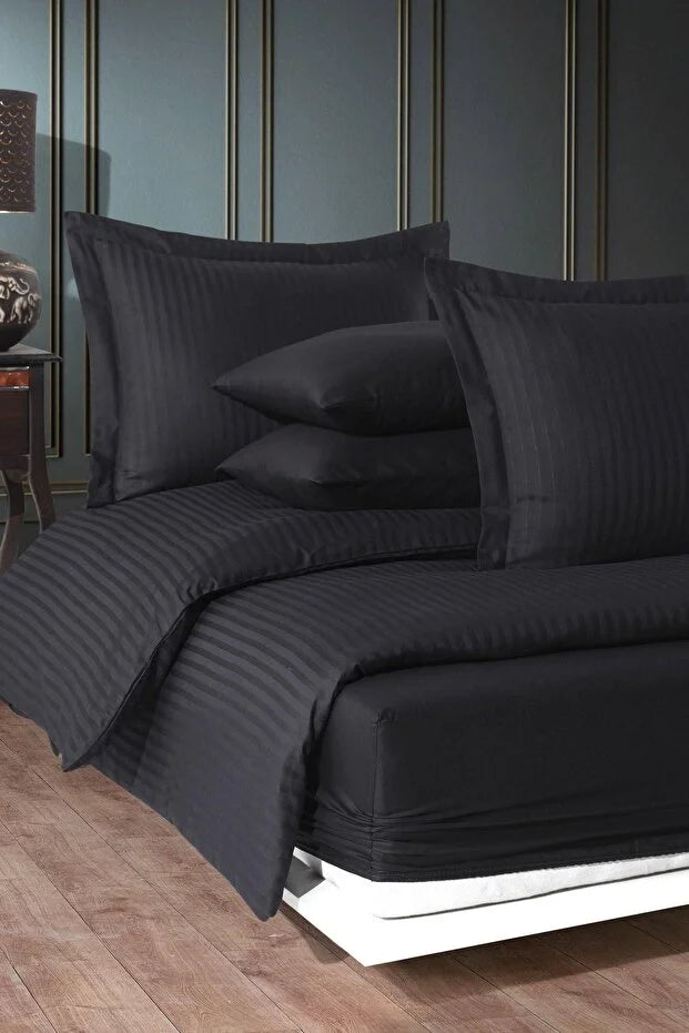 Double Satin Striped Duvet Cover Set – Fitted Sheet, Shiny and Soft Fabric