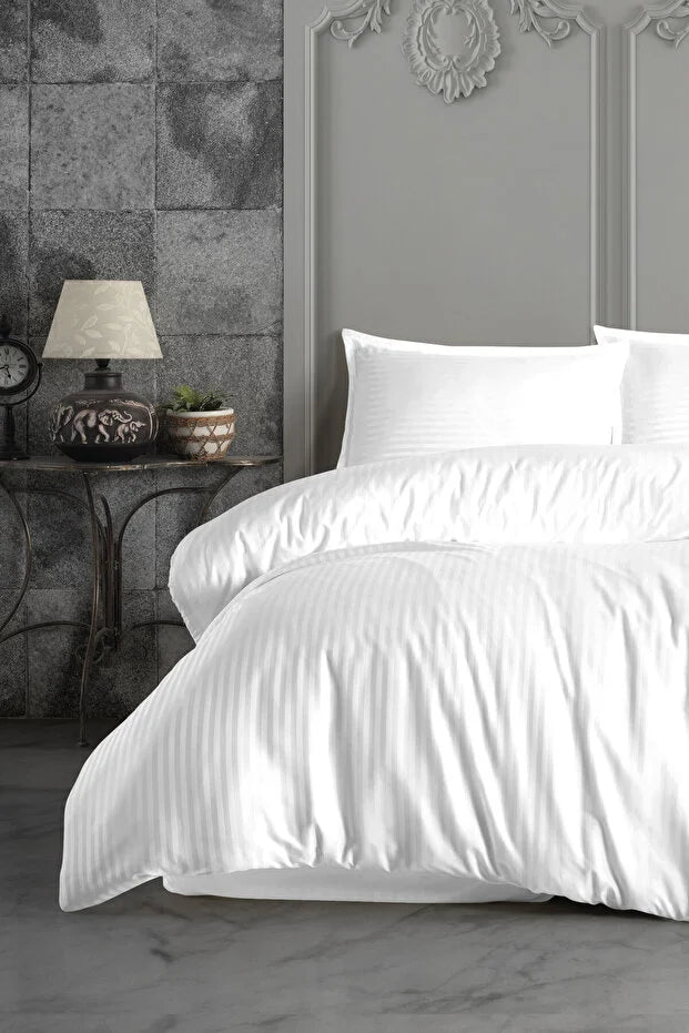 Double Satin Striped Duvet Cover Set – Fitted Sheet, Shiny and Soft Fabric