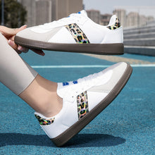 Load image into Gallery viewer, Womens Style White Lace Up Casual Sneakers With A Leopard Print Flat Sole