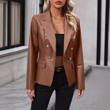 Load image into Gallery viewer, Women's Double Breasted Suit Motorcycle Leather Coat