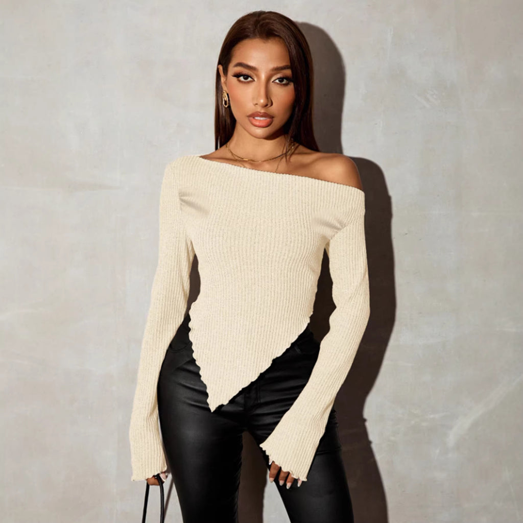 Long-sleeve Top With An Asymmetric Slant Neck And Hem