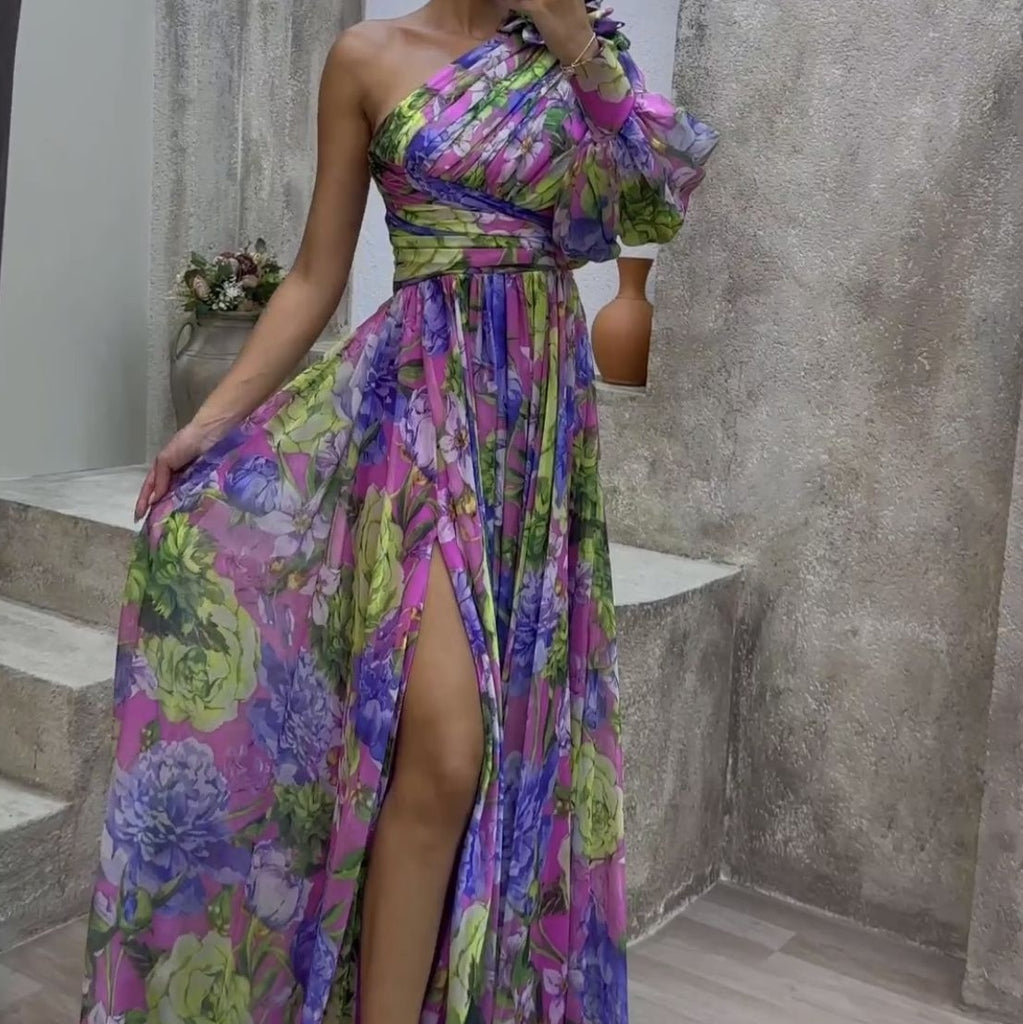 Floral Print Split Maxi Dress Fashion Sexy One-shoulder Long-sleeved Dresses Summer Beach Clothing For Women