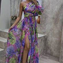 Load image into Gallery viewer, Floral Print Split Maxi Dress Fashion Sexy One-shoulder Long-sleeved Dresses Summer Beach Clothing For Women