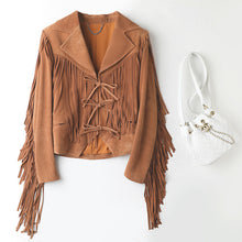 Load image into Gallery viewer, Genuine Leather Sheepskin Suede Lapel Tassel Motorcycle Short Jacket