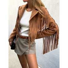 Load image into Gallery viewer, Genuine Leather Sheepskin Suede Lapel Tassel Motorcycle Short Jacket