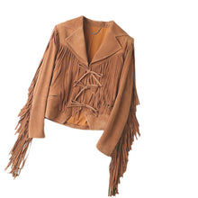 Load image into Gallery viewer, Genuine Leather Sheepskin Suede Lapel Tassel Motorcycle Short Jacket