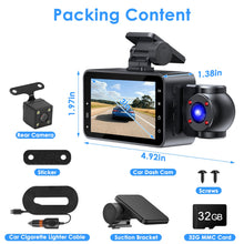 Load image into Gallery viewer, WiFi FHD 1080P 3 Channel Car Dash Cam Front Rear Inside With 32G MMC Card Motion Detection Loop Recording Infrared Night Vision Surveillance Car Camera With App Control