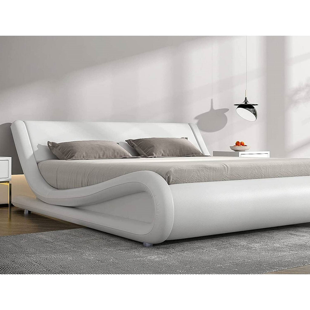 Queen Modern White Faux Leather Upholstered Platform Bed Frame with Headboard